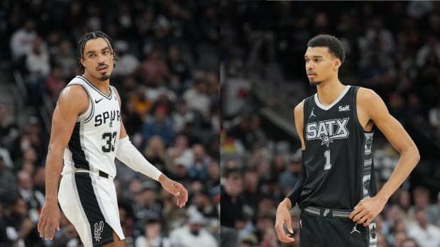 San Antonio, Texas, USA; San Antonio Spurs center Victor Wembanyama and point guard Tre Jones at Frost Bank Center against the Chicago Bulls (right) and Charlotte Hornets (left).